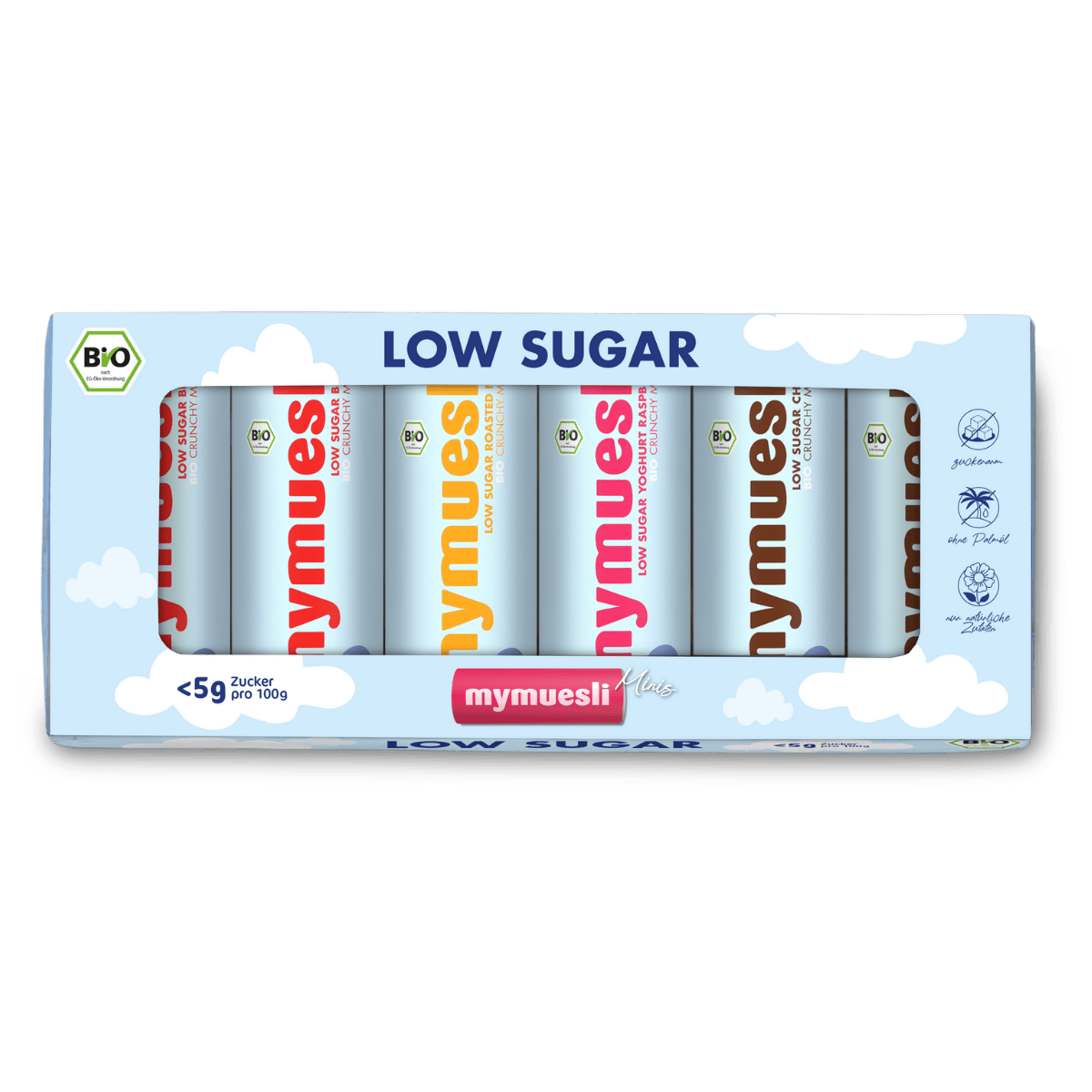 Eine „Low Sugar“ Probiermix-Box mit sechs kleinen mymuesli -Dosen in verschiedenen Farben auf grünem Untergrund.
