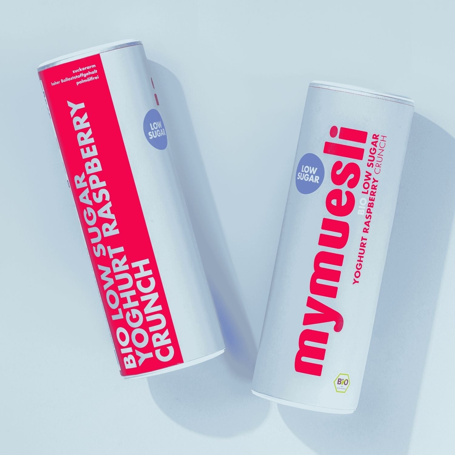 mymuesli Bio Low Sugar Yoghurt Raspberry Crunch Dose von vorne und hinten