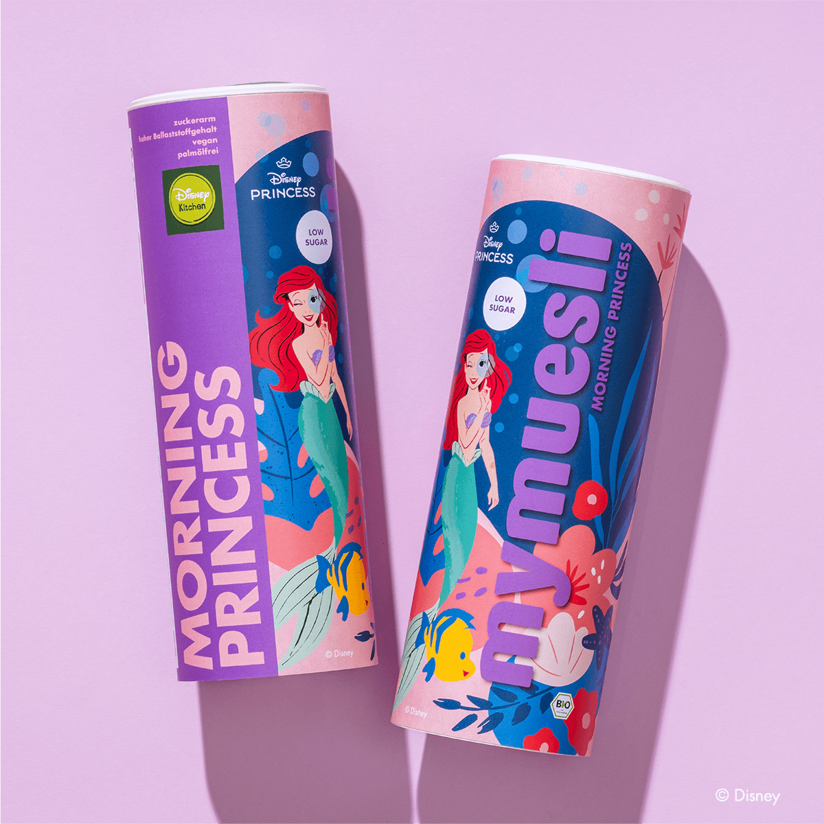 Zwei Disney Morning Princess Müsli Dosen nebeneinander mit Arielle und Fabius im Design