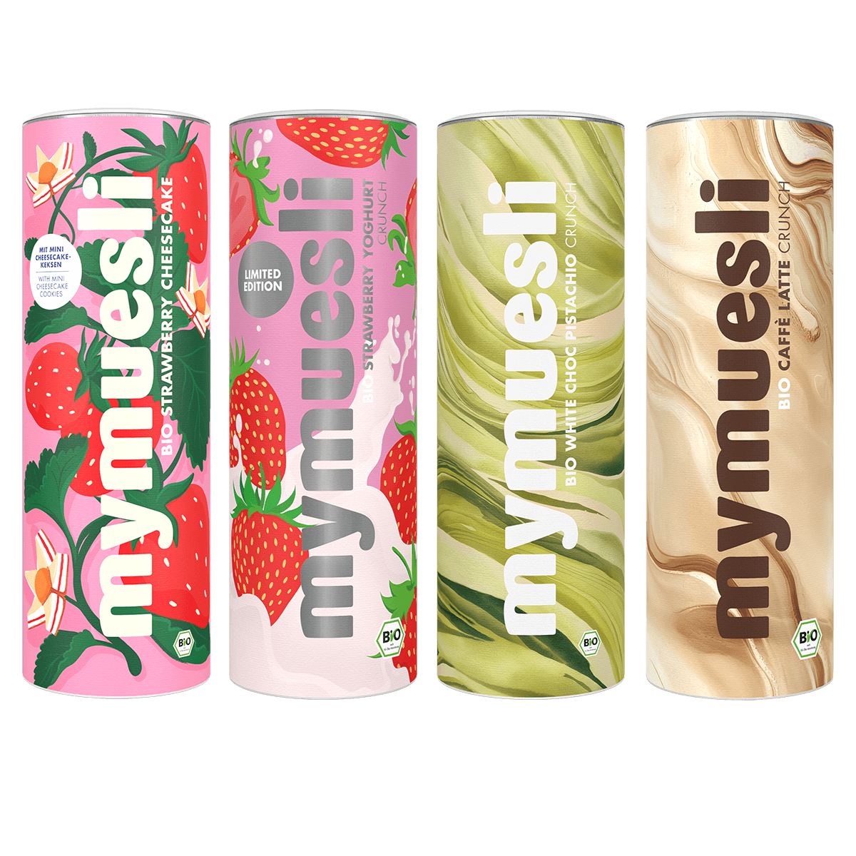 mymuesli bio müsli dosen in den Sorten Strawberry cheesecake, strawberry yoghurt crunch, white choc pistachio crunch und caffè latte crunch.