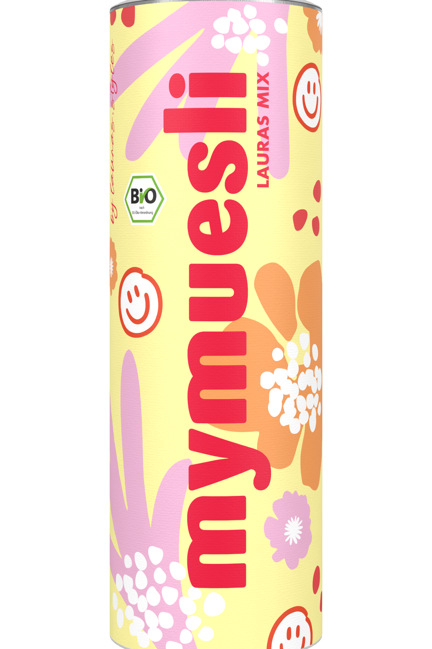 Lauras Mix: Eine hellgelbe mymuesli -Dose mit einem verspielten Blumen- und Herzmuster in Pink und Gelb auf weißem Hintergrund.