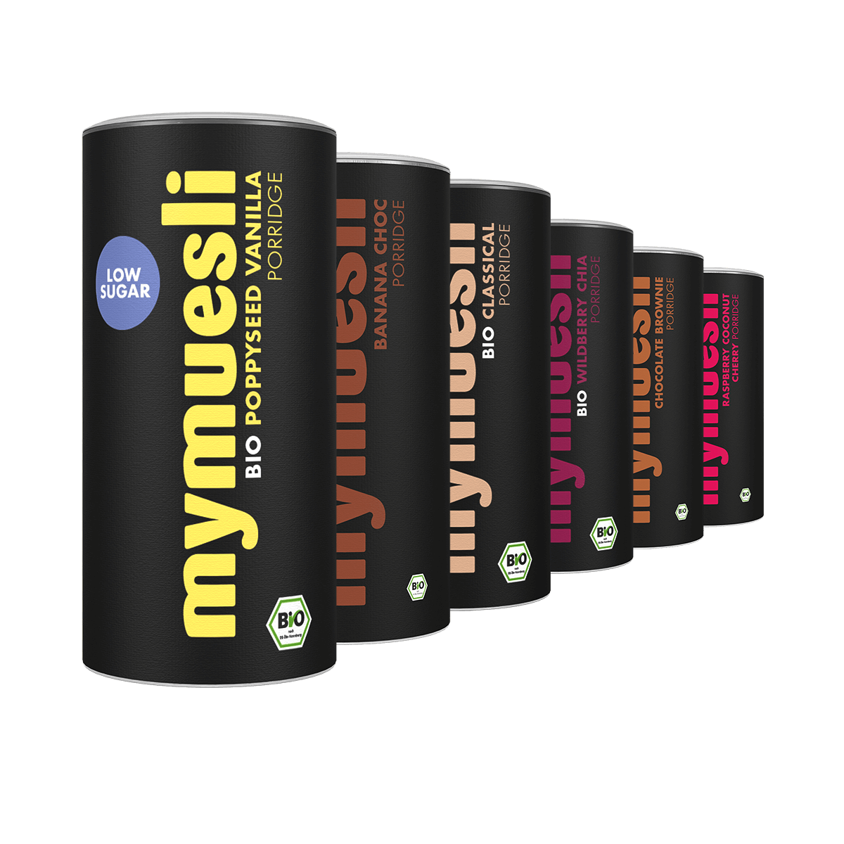 mymuesli Bio Porridge 6er Probierpaket mit Poppyseed Vanilla Porridge, Banana Choc Porridge, Classical Porridge, Wildberry Chia Porridge, Chocolate Brownie Porridge und Raspebrry Coconut Cherry Porridge