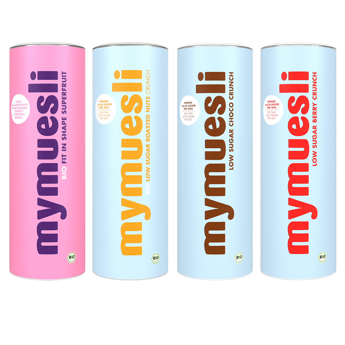mymuesli Bio Balance Probierpaket mit Fit in Shape Superfruit Müsli, Low Sugar Roasted Nuts Crunch, Low Sugar Choco Crunch und Low Sugar Berry Crunch