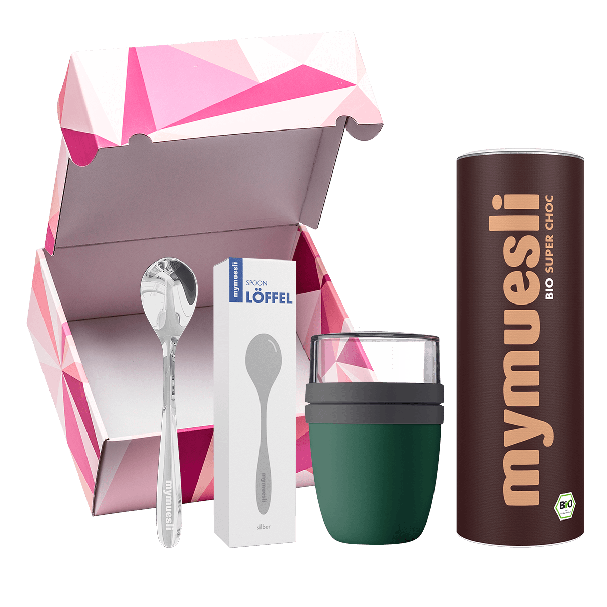 mymuesli Schokoholic Geschenkset mit Bio Super Choc Müsli, Silber Löffel und grünen 2Go Becher in Geschenkbox