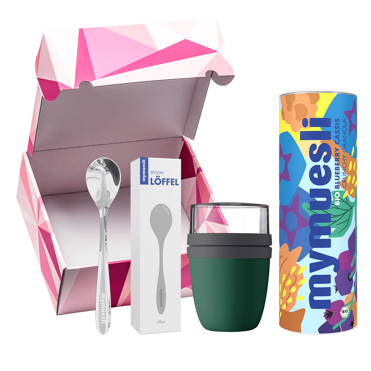mymuesli Granola Geschenkset mit Bio Blueberry Cassis Crunchy Granola, silbener Löffel und grüner 2Go Becher