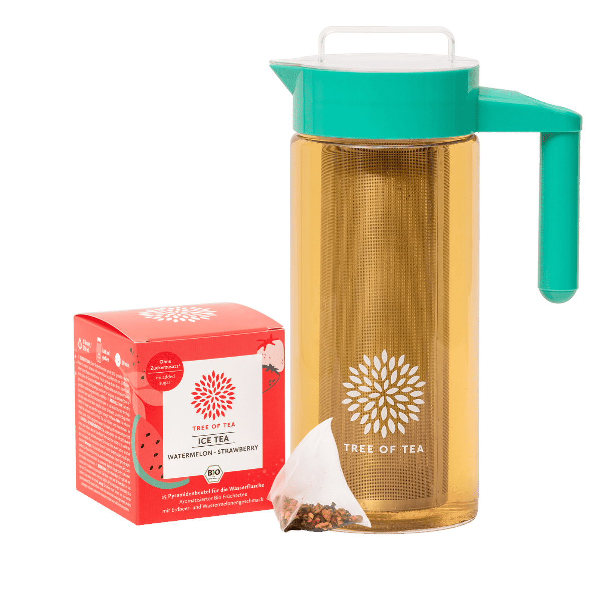 Tree of Tea Ice Tea Pitcher Set bestehend aus Ice Tea Watermelon Strawberry und dem Tree of Tea Ice Tea Pitcher in türkis.