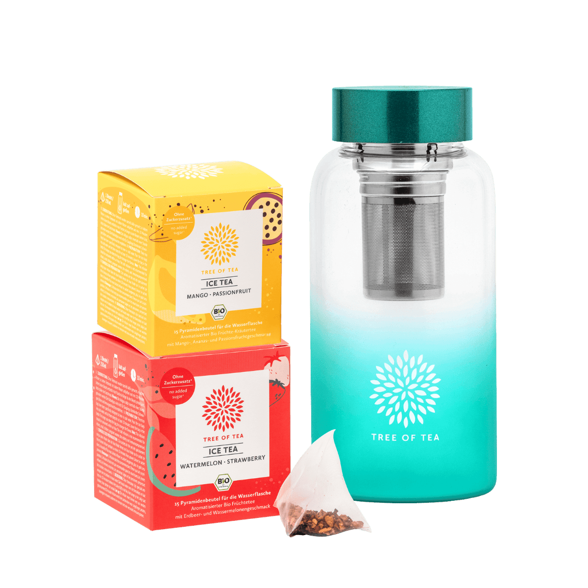 Tree of Tea Ice Tea Starter Set bestehend aus Ice Tea Mango Passionfruit, Ice Tea Watermelon Strawberry und der Tree of Tea Ice Tea Bottle in türkis.