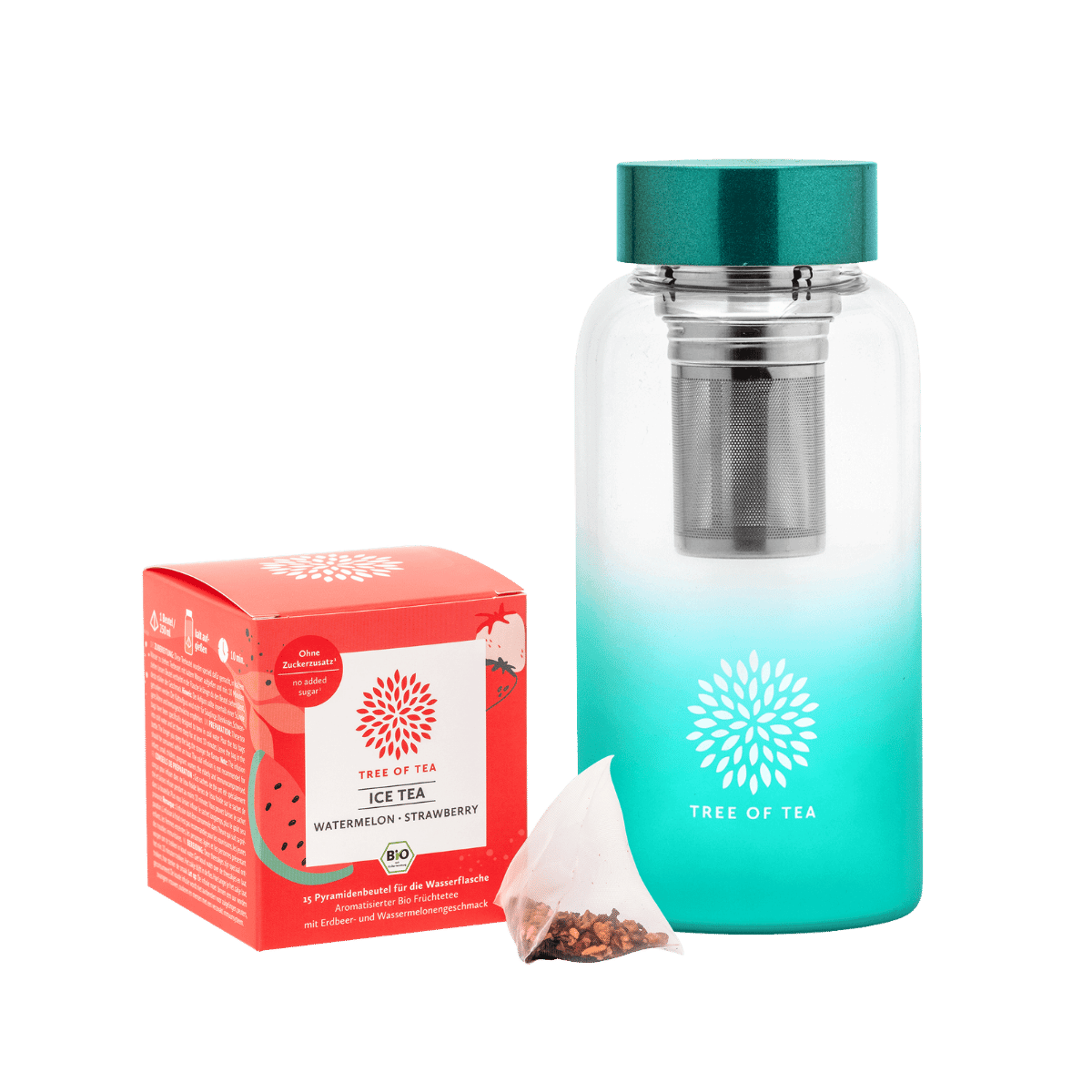 Tree of Tea Ice Tea Starter Set bestehend aus Ice Tea Watermelon Strawberry und der Tree of Tea Ice Tea Bottle in türkis.
