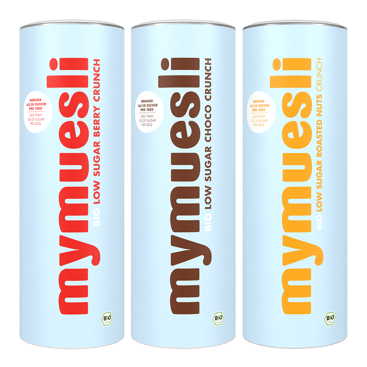 mymuesli Bio Low Sugar Probierpaket mit 3 Müslisorten: Low Sugar Berry Crunch, Low Sugar Choco Crunch und Low Sugar Roasted Nuts Crunch