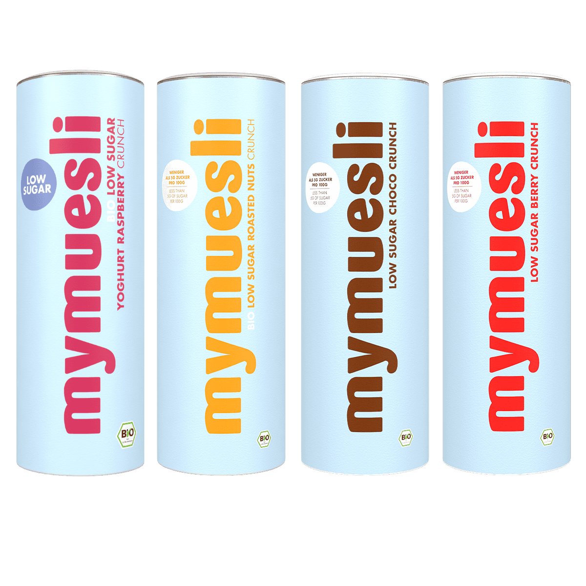 Das Low Sugar Crunch Probierpaket bestehend aus Low Sugar Crunch Sorten Yoghurt Raspberry, Roasted Nuts, Choco und Berry. 