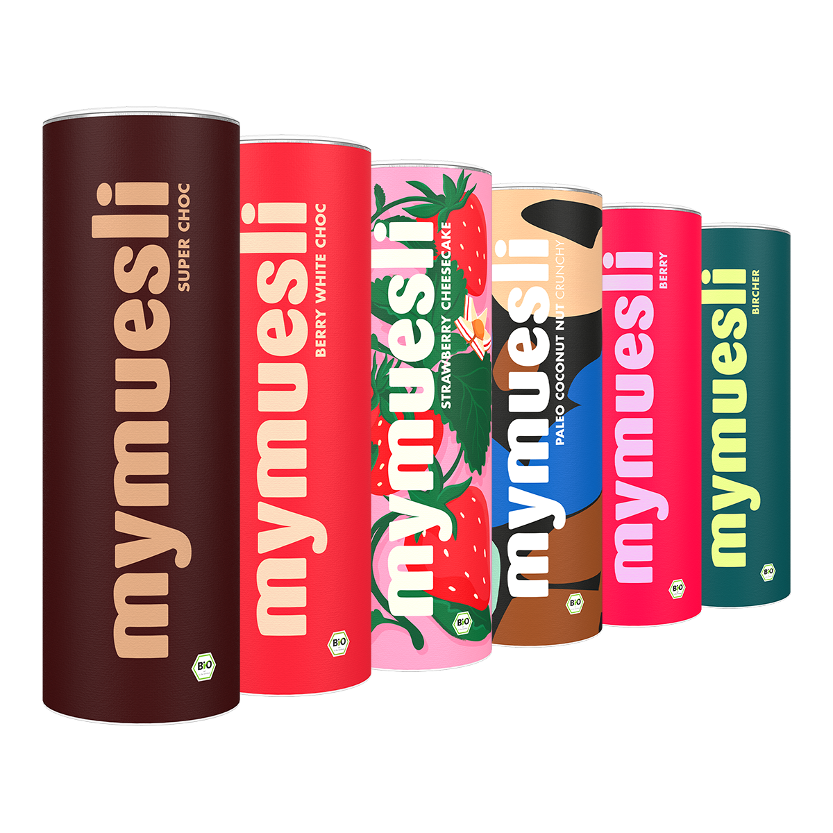 mymuesli Bio Topseller Paket mit Super Choc Müsli, Berry White Choc Müsli, Strawberry Cheesecake Müsli, Paleo Coconut Nut Crunchy Müsli, Berry Müsli und Bircher Müsli