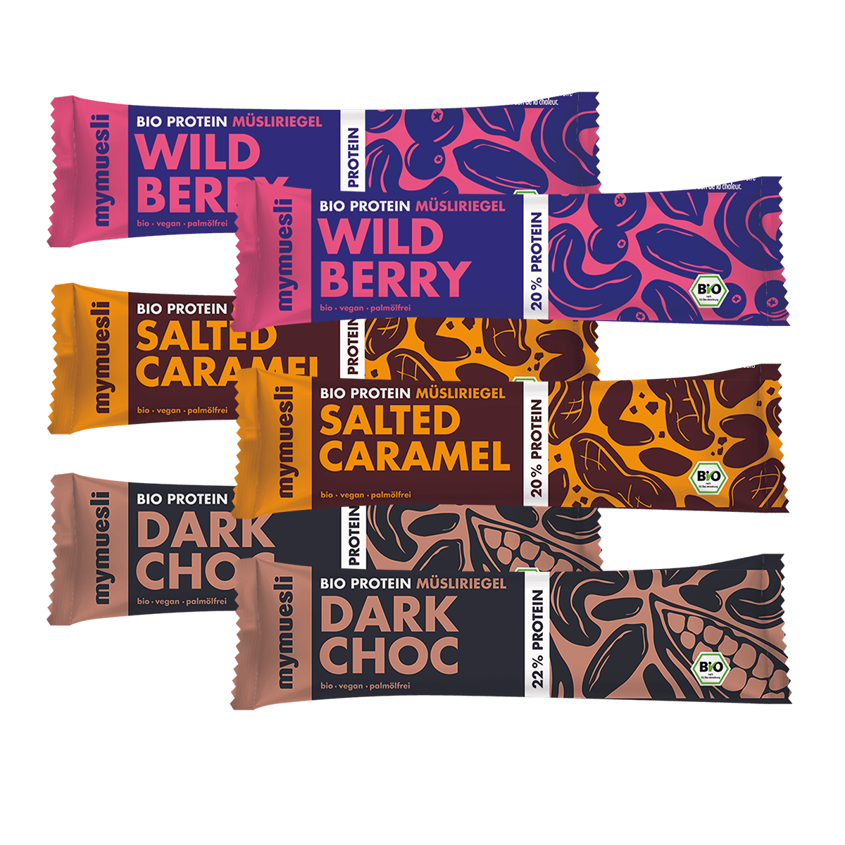 mymuesli Bio Protein Müsliriegel 6er Probierpaket mit 3 verschiedenen Geschamcksrichtungen: Wild Berry, Salted Caramel und Dark Choc