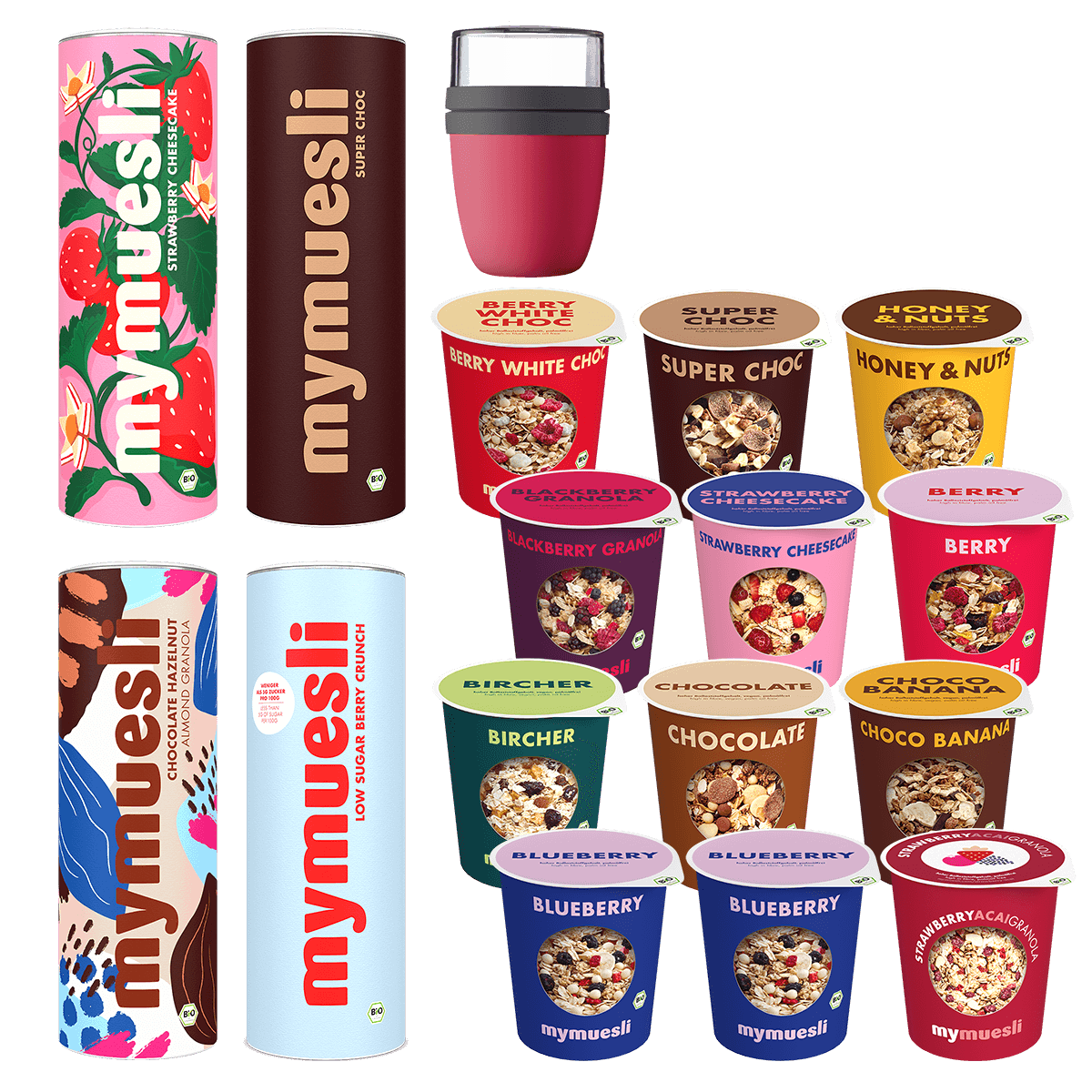 mymuesli Wilkommenspaket mit mymuesli2go 12er Probierpaket, Strawberry Cheesecake Müsli, Chocolate Hazelnut Almond Granola, Super Choc Müsli und Magenta 2Go Becher