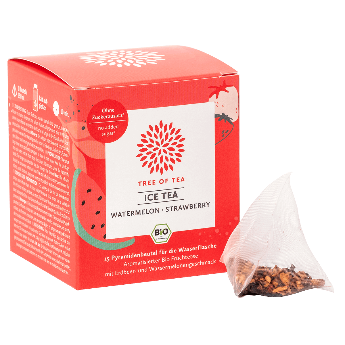 Tree of Tea Bio-Eistee Dose in der Geschmacksrichtung Erdbeere-Wassermelone.