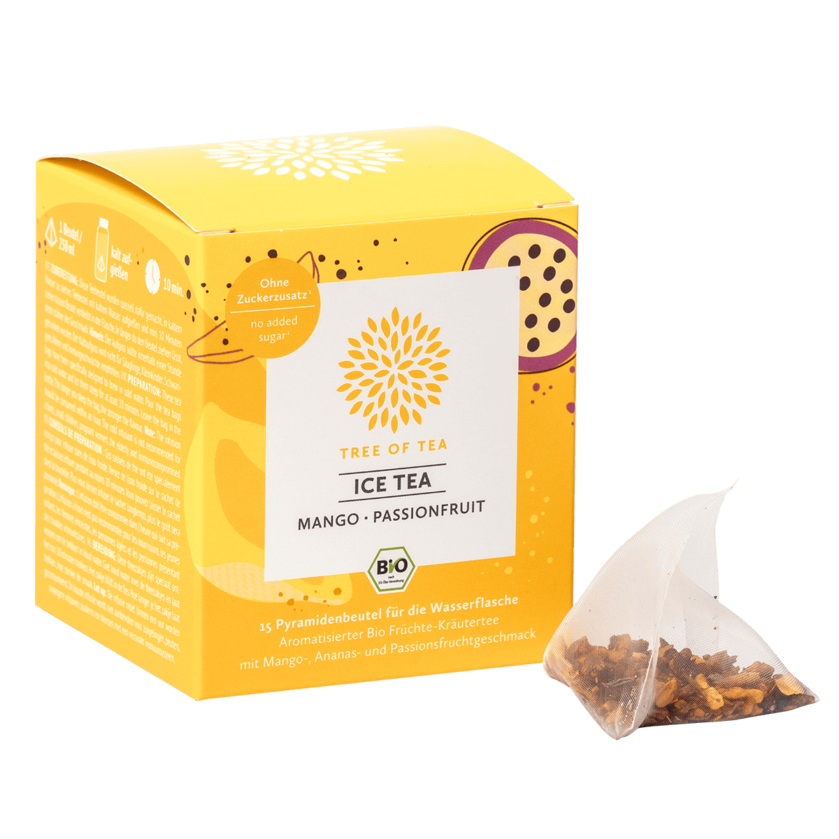 Tree of Tea Bio-Eistee Dose in der Geschmacksrichtung Mango-Passionsfrucht mit tropischen Illustrationen.