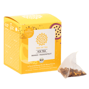 Tree of Tea Bio-Eistee Dose in der Geschmacksrichtung Mango-Passionsfrucht mit tropischen Illustrationen.