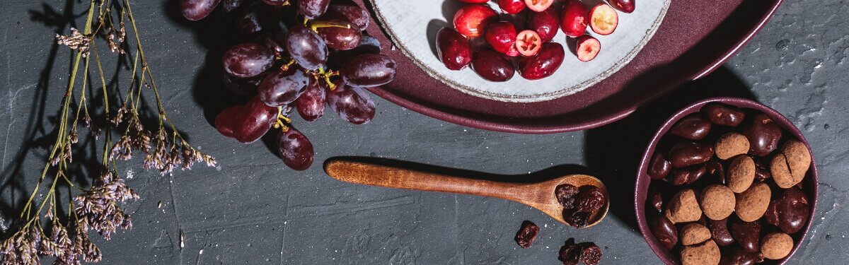 Rosinen und Cranberries in Kokosschokolade