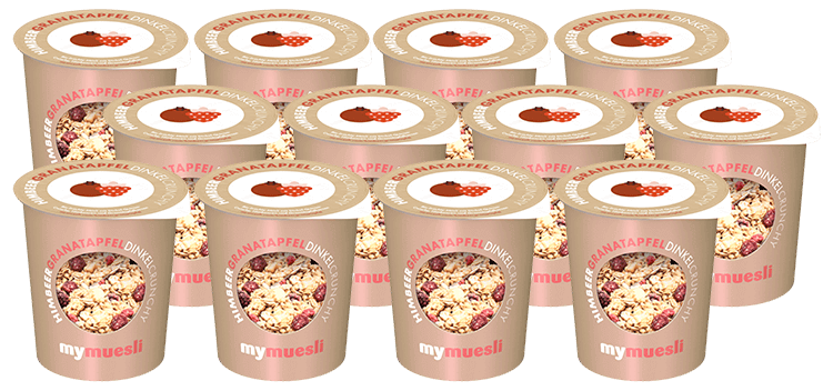 Praktisches 12er Pack mit Himbeer Dinkel Crunchy Müsli 2go